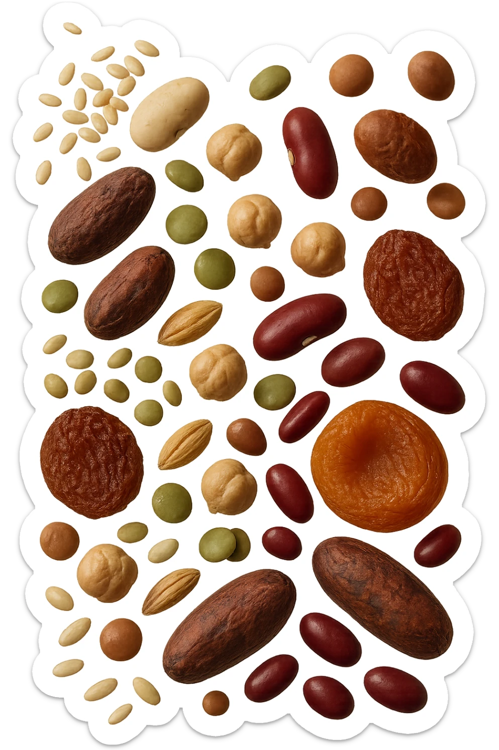 semi, frutta secca, legumi, cereali integrali, cacao amaro fluttuano in aria , iperrealistici 4k sticker