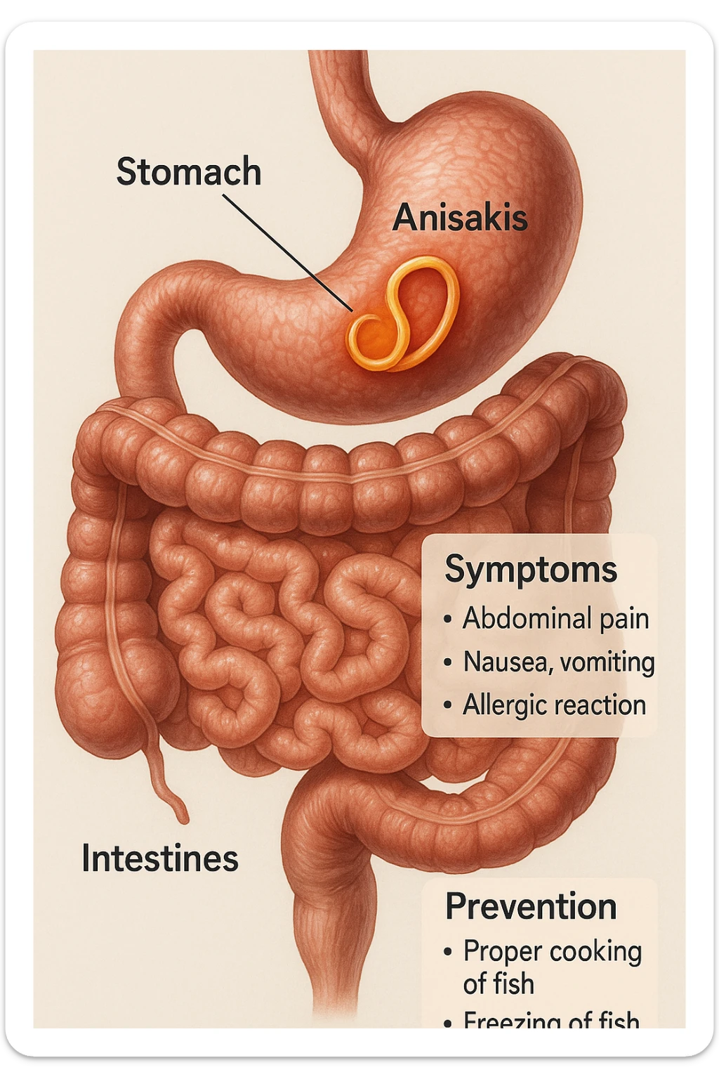 a cutaway view of the human digestive tract, showing an Anisakis larva attached to the stomach or intestinal wall. The parasite is highlighted in color, with surrounding tissue rendered in realistic detail. Educational labels describe symptoms and prevention. sticker
