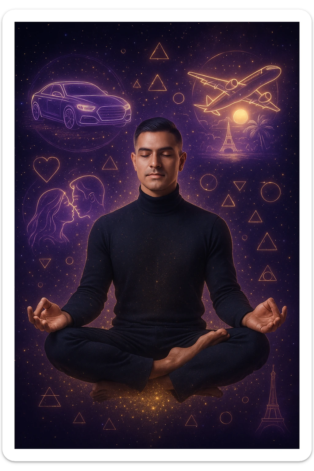 "Un uomo in meditazione fluttuante nello spazio cosmico, circondato da particelle dorate e simboli alchemici. Intorno a lui, oggetti e situazioni dei suoi desideri (auto, viaggi, amore) si materializzano come ologrammi luminosi. Stile cyber-mistico, colori viola e oro." sticker