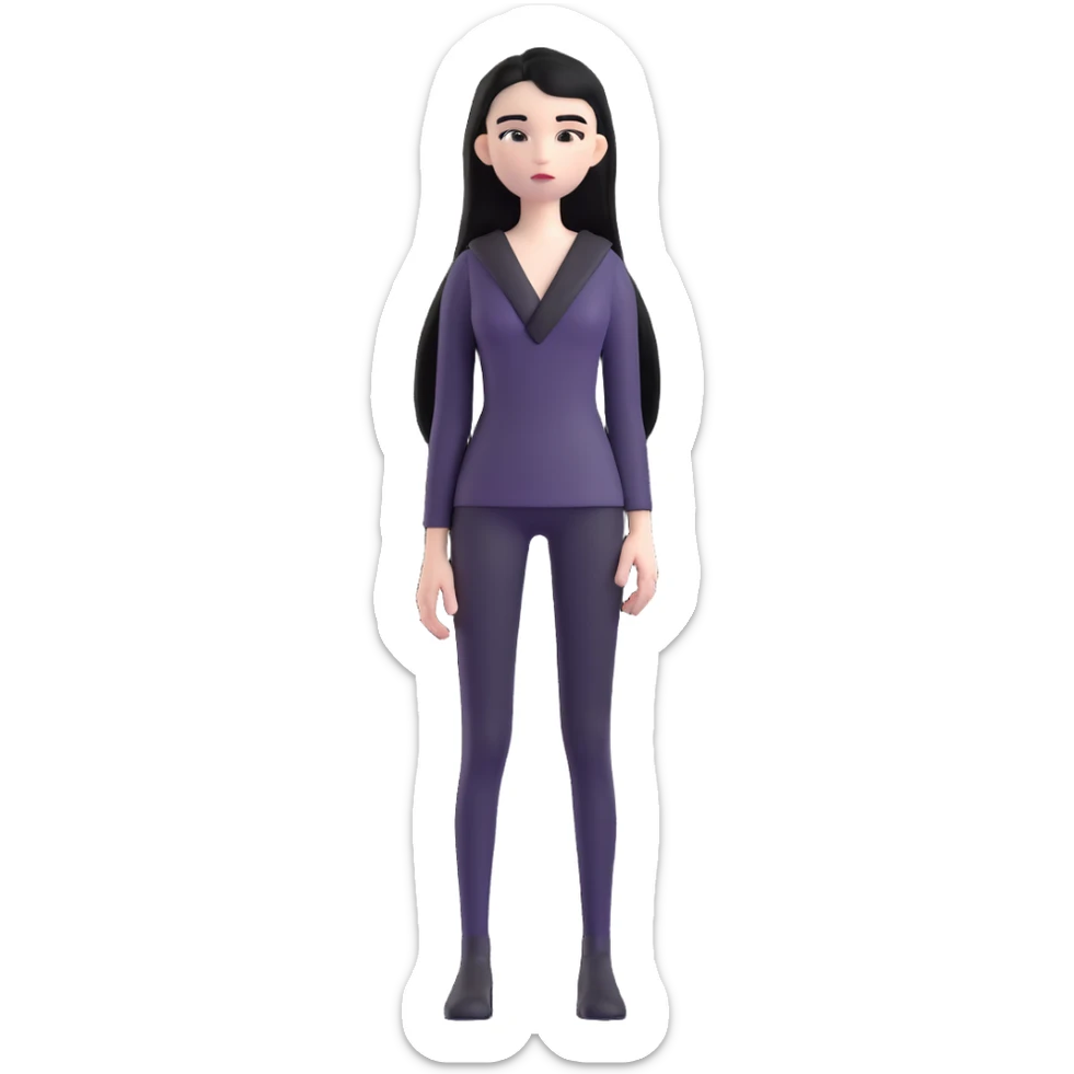 full body emoji of a girl with pale skin, long straight black hair, dressed in all black, standing still, neutral pose sticker