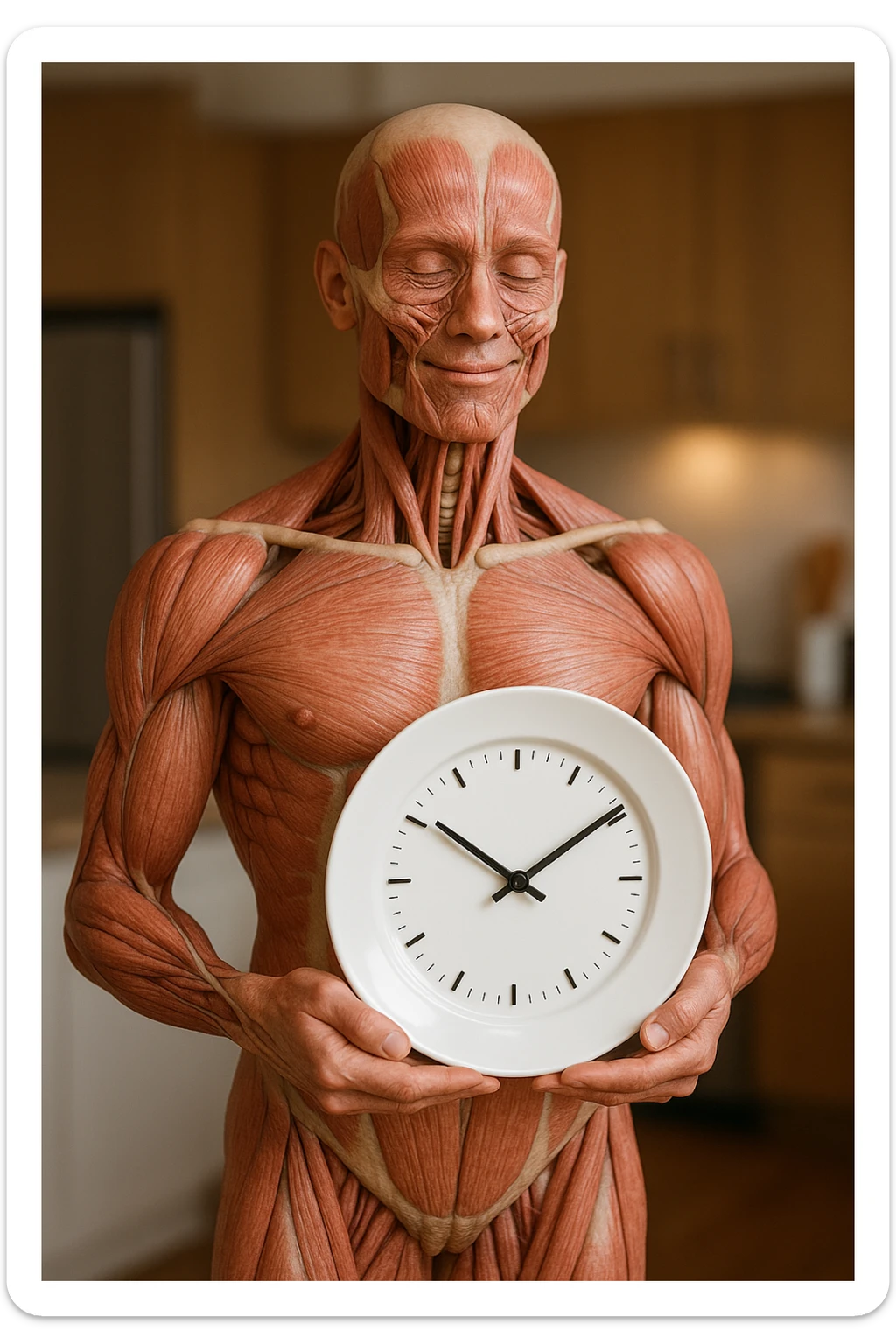 corpo umano anatomico, che tiene in mano un piatto bianco con la lancette di un orologio sopra, figura visibile fino ai fianchi, espressione del volto soddisfatta, sullo sfondo la sua cucina sfocata, iperrealistico 4k sticker