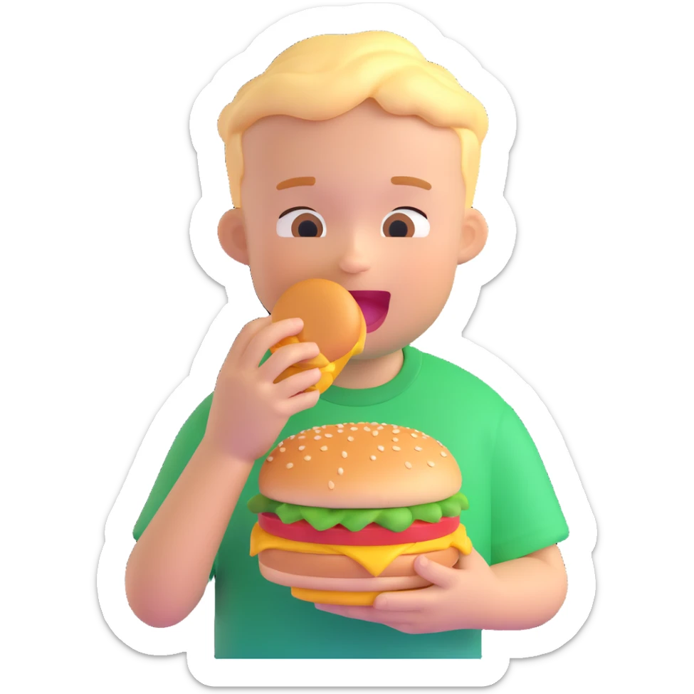 kid eating a burger, wearing a green t-shirt, 3D emoji style sticker