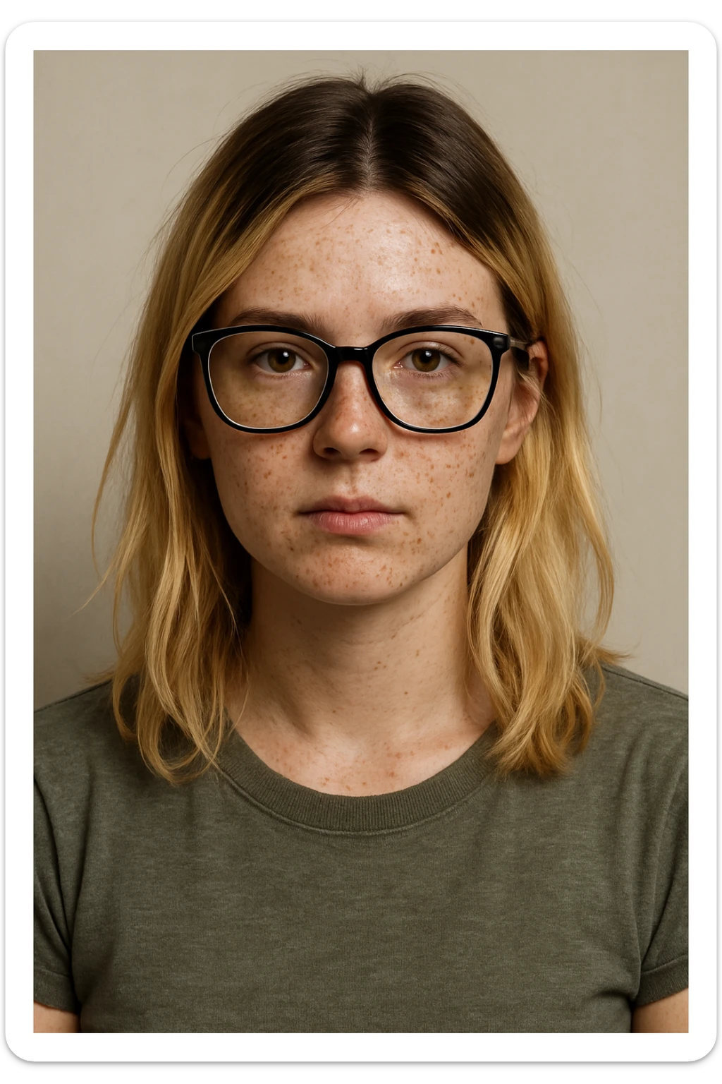 upper body portrait of a blonde girl with visible brown roots, freckles, and black frame glasses, neutral background sticker