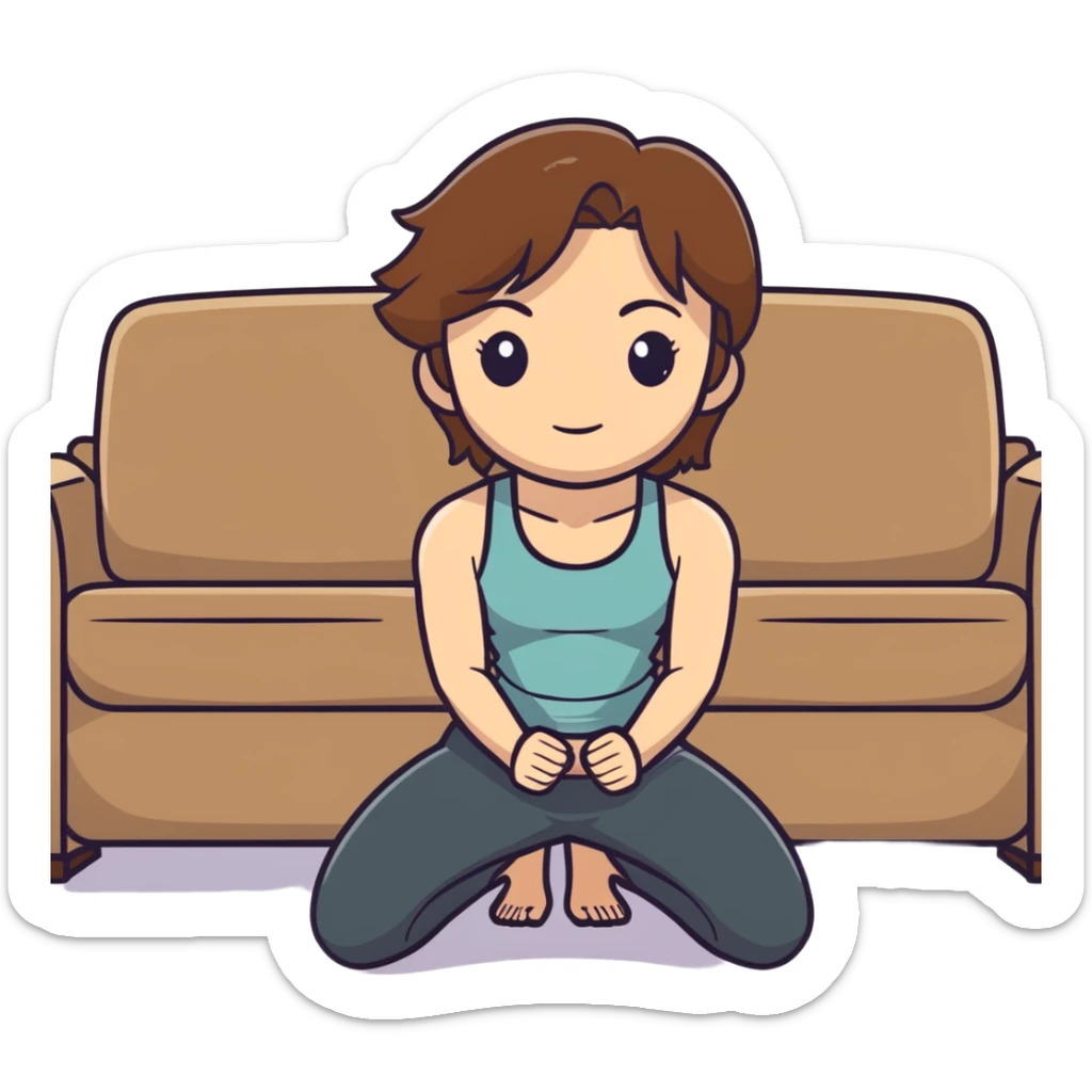One Caucasian woman with brown hair big boobs wearing pants and a tank top, kneeling on the ground next to a couch with a bald man sitting on it.  sticker