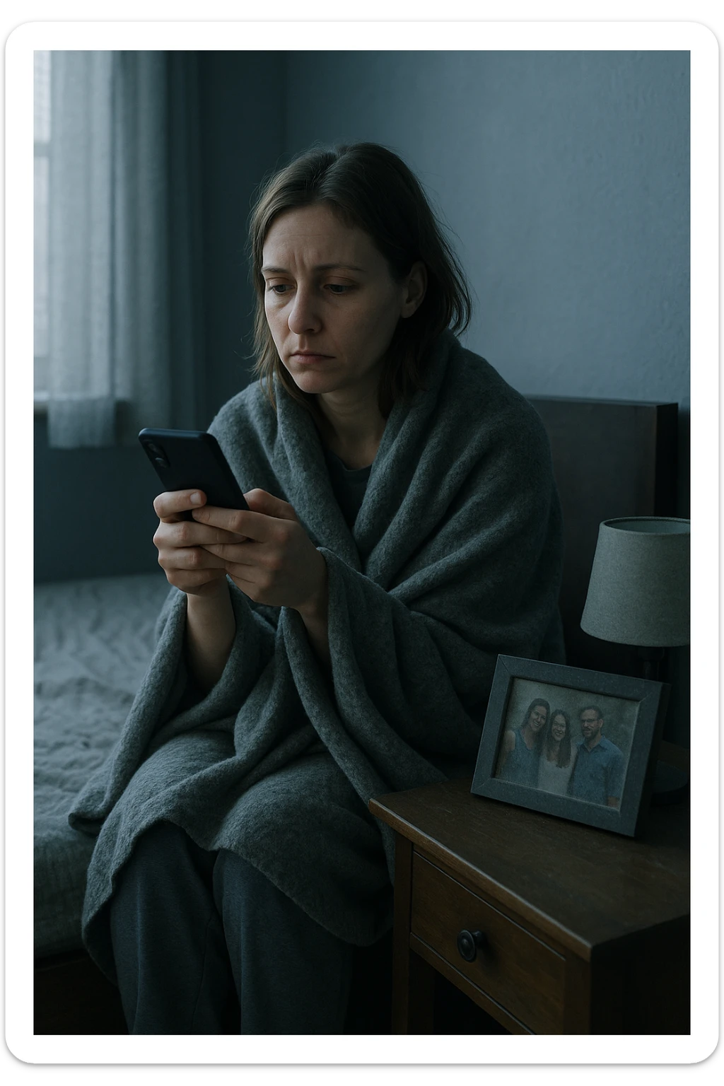 Donna tra i 30 e i 35 anni seduta da sola in una stanza, avvolta in una coperta, guarda il telefono ma non risponde ai messaggi. Sul comodino, una foto con amici, leggermente coperta dalla polvere. Sguardo perso nel vuoto. La stanza trasmette solitudine e distacco. Colori freddi, luce naturale tenue sticker