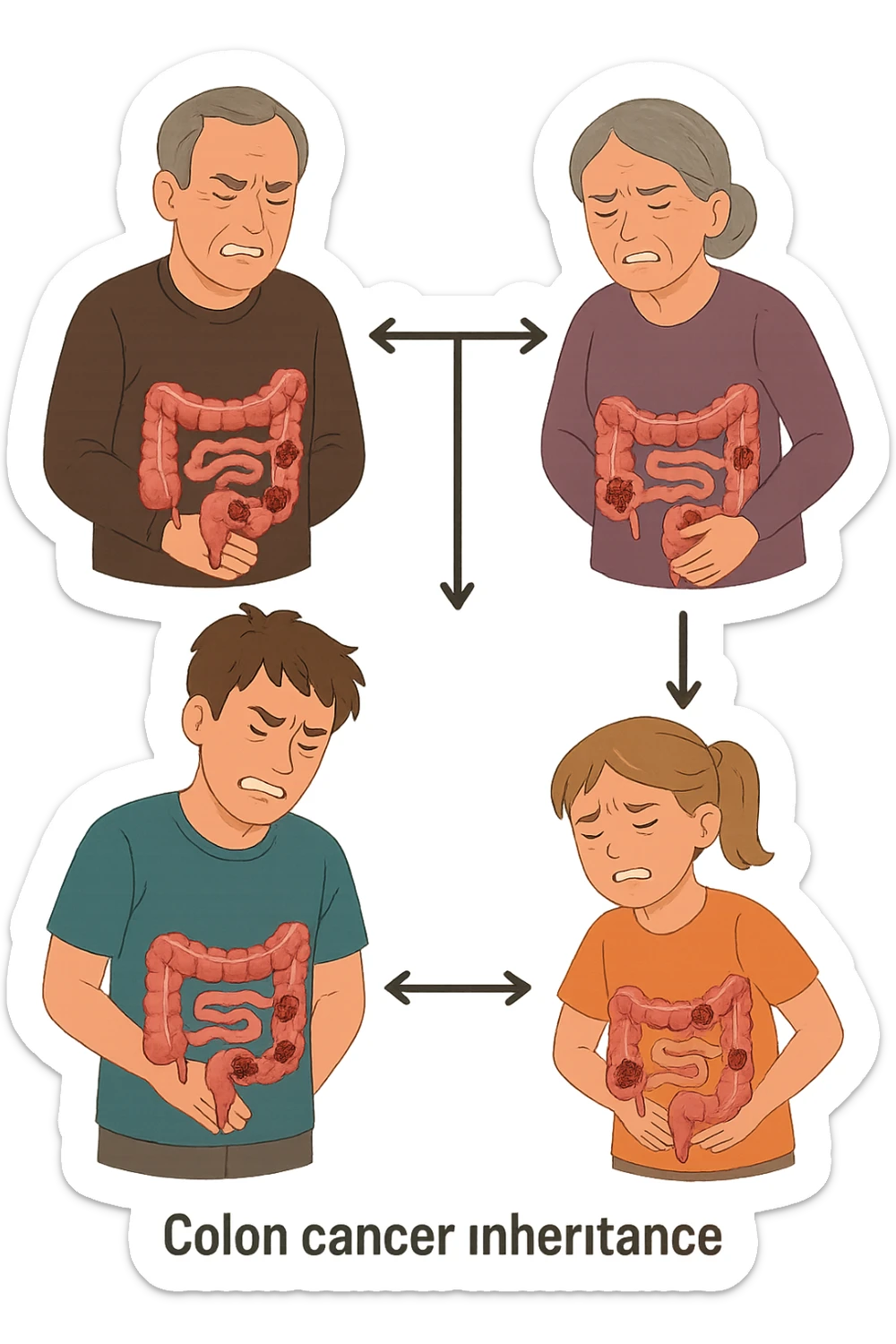 UNA SFILZA DI PARENTI TUTTE MALATE DI CANCRO AL COLON, SI TRAMANDO IL CANCRO NELLE GENERAZIONI, INTESTINO ANATOMICO VISIBILE ED ESPRESSIONE DI DOLORE IN VOLTO, MAL DI PANCIA sticker