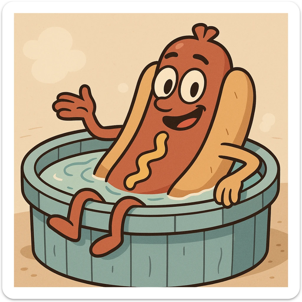 a cute cartoon hotdog relaxing in a hot tub, playful and whimsical style sticker