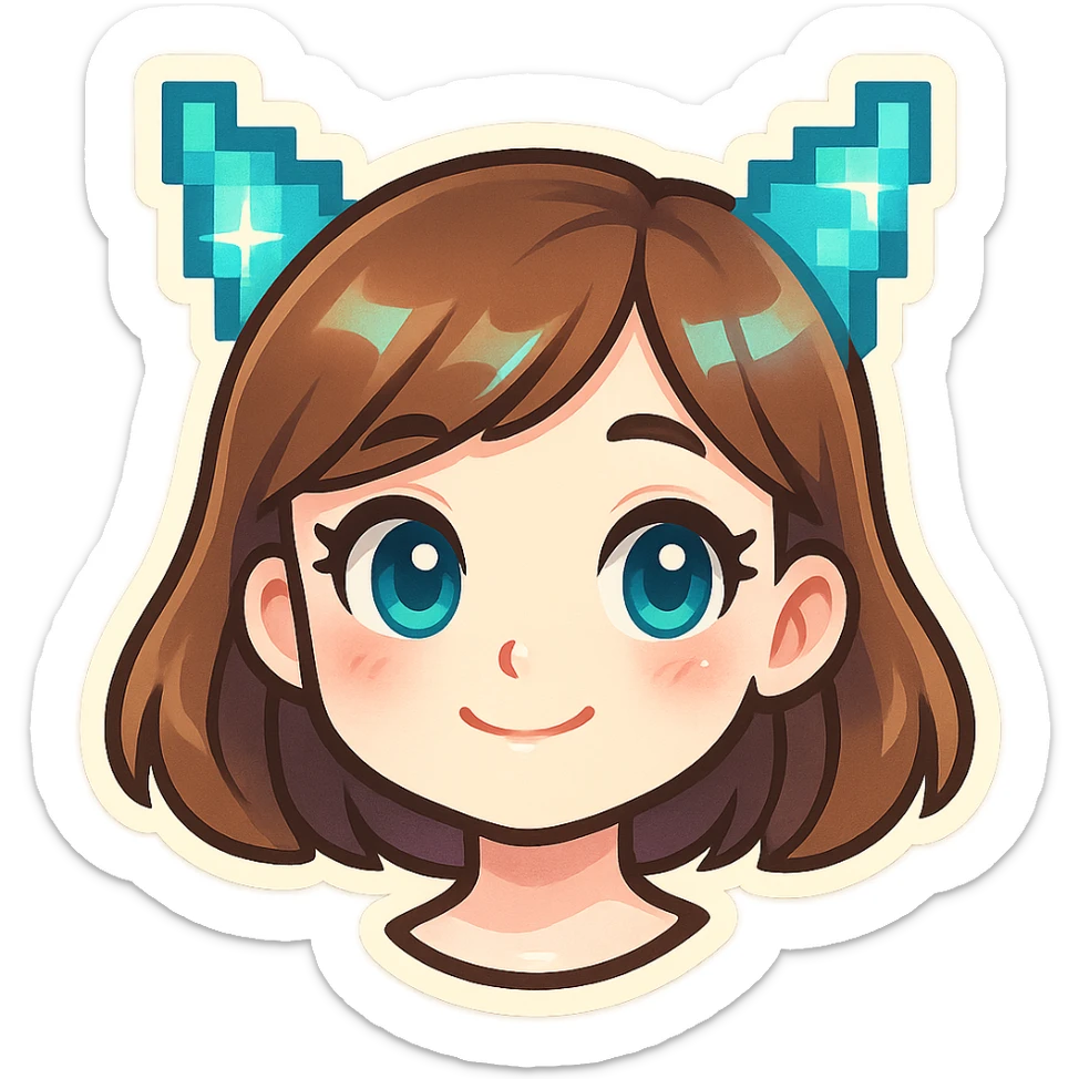 cute girl in Telegram sticker style, very pale skin, neat facial features, large expressive eyes, soft smile, pixel or digital elements like pixel ears or holographic details, white background, head only without neck sticker