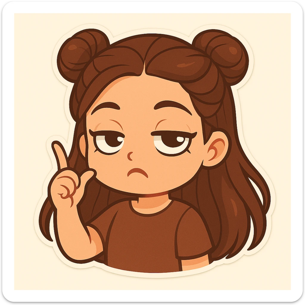 Create a chibi sticker of the girl with double bun hairstyle, twirling her finger at her temple and rolling her eyes, sarcastic and funny. sticker