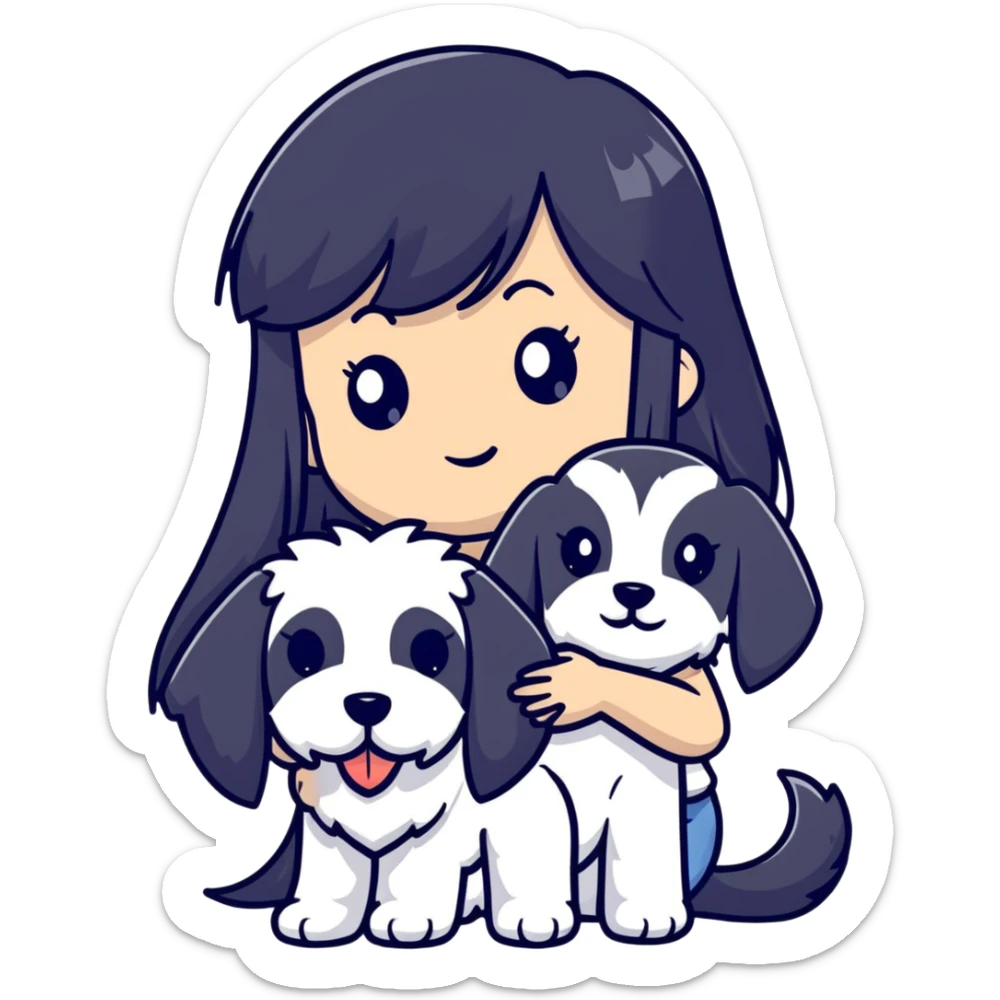 Girl with long black hair and bangs holding a white schnauzer dog sticker
