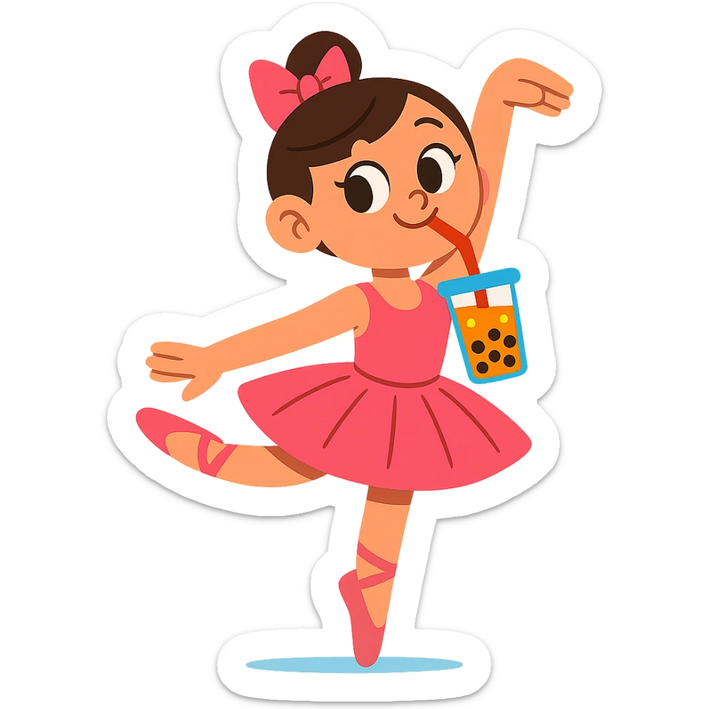 a ballerina sipping bubble tea, cute and playful, vibrant toon style, cheerful and bright sticker