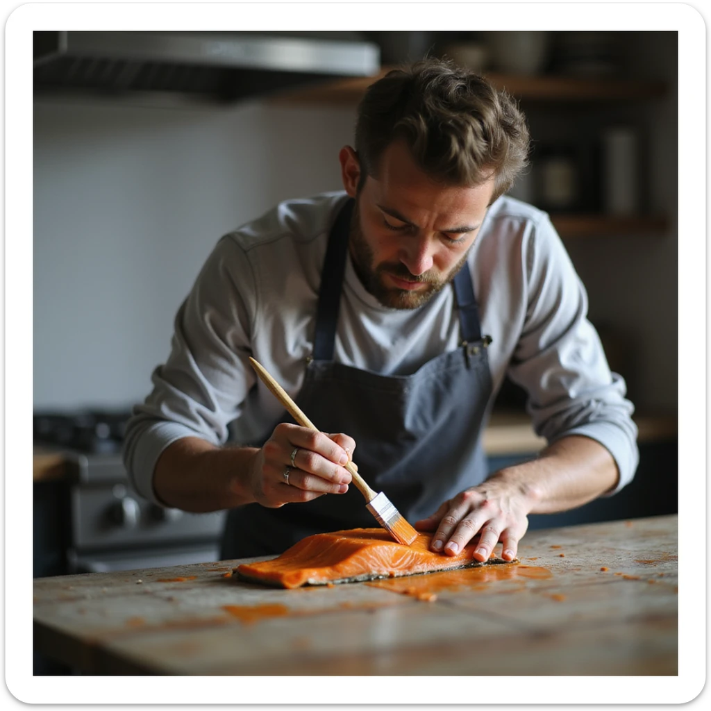 realistic 4K photo of a man in a kitchen brushing orange dye on a gray salmon piece, focused expression sticker