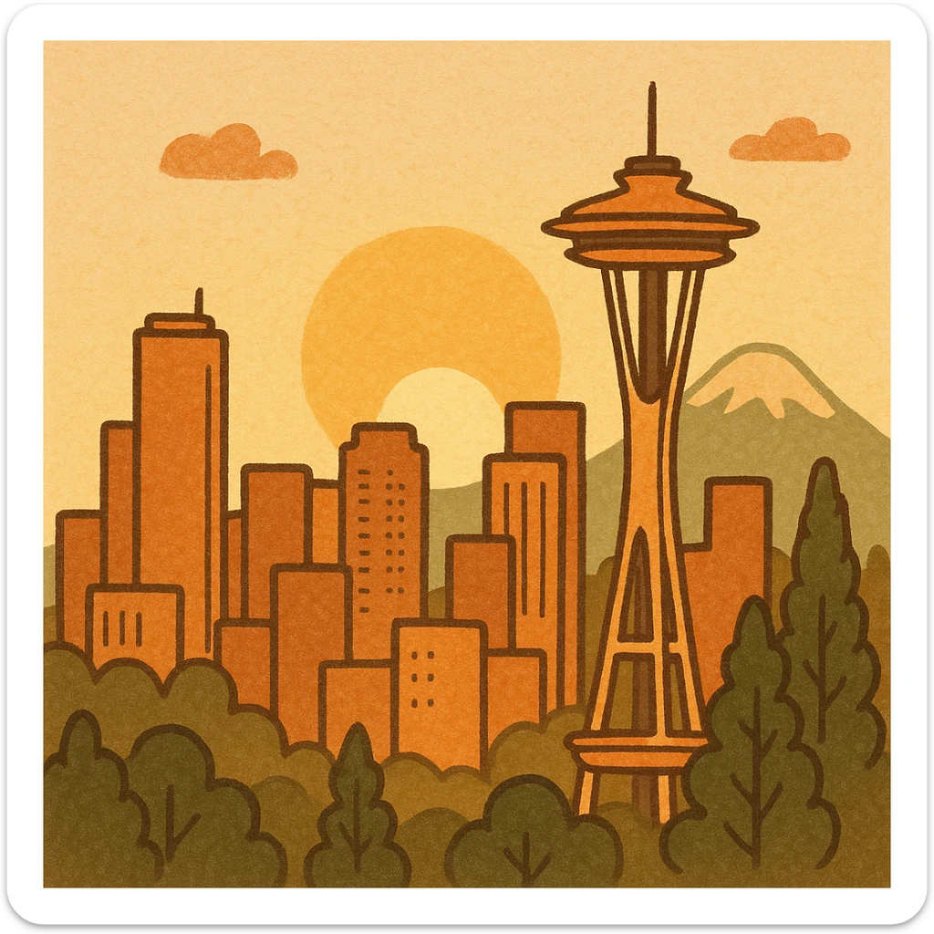 Seattle skyline at sunrise with warm colors, sun rising behind city, Mount Rainier in background sticker