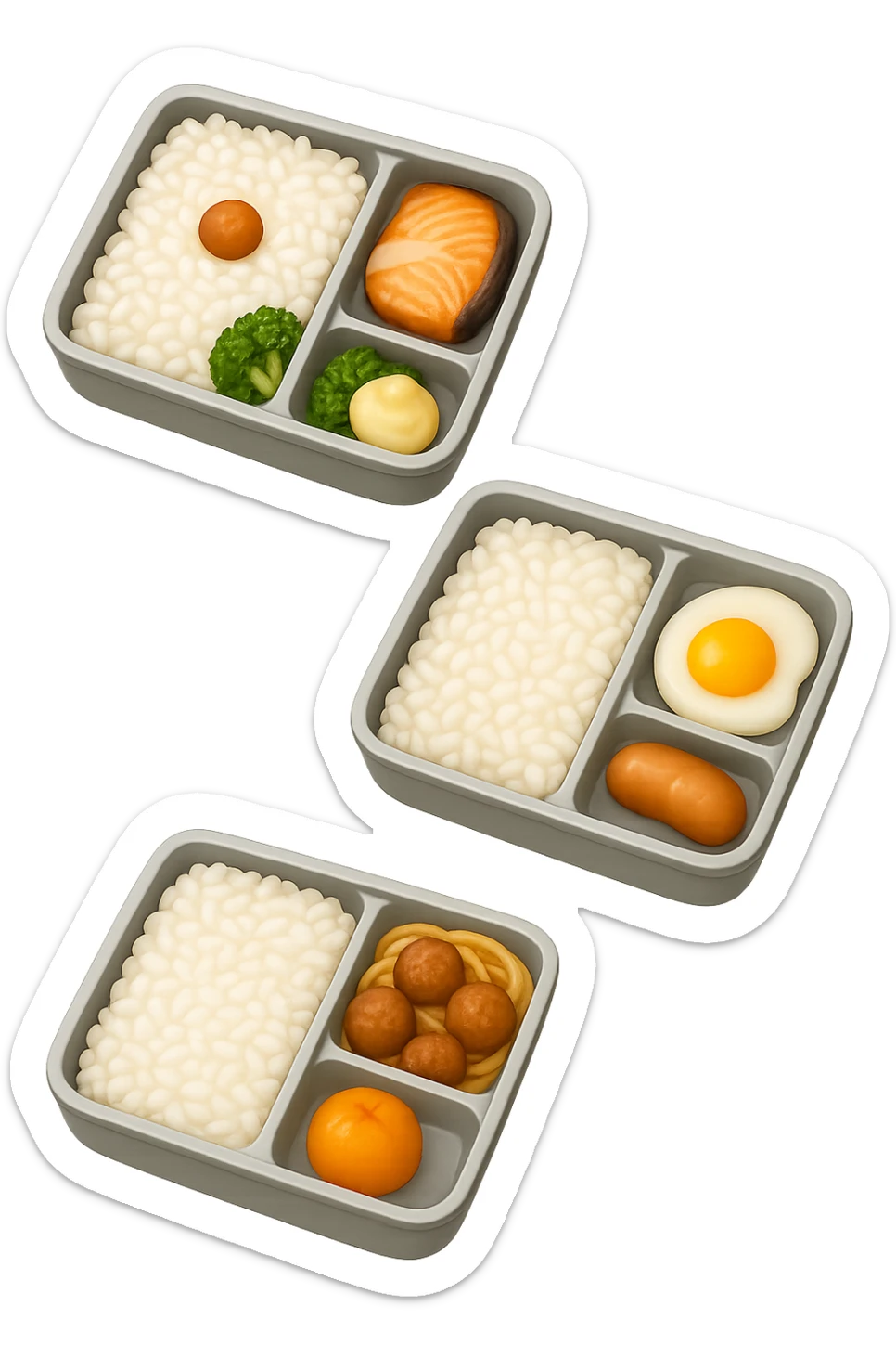 EMOJI STILE IPHONE DI UN 3 schiscette con poco cibo dentro, fluttuano in aria REALISTICA 4K sticker