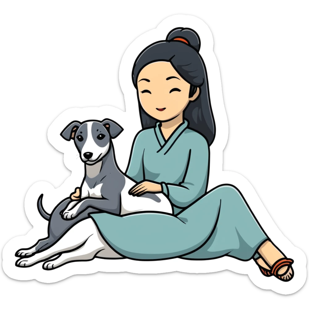 Very thin Chinese woman with long black hair relaxing in a luxurious hotel suite with exactly ONE whippet dog. EXTREME IMPORTANCE: the whippet must be ONE SOLID VERY DARK CHARCOAL GREY COLOR from nose to tail with ABSOLUTELY NO WHITE MARKINGS anywhere - NO white on face, NO white on muzzle, NO white on chest, NO white on paws, NO white on tail - NOTHING BUT A SINGLE SHADE OF VERY DARK GREY throughout the entire animal sticker