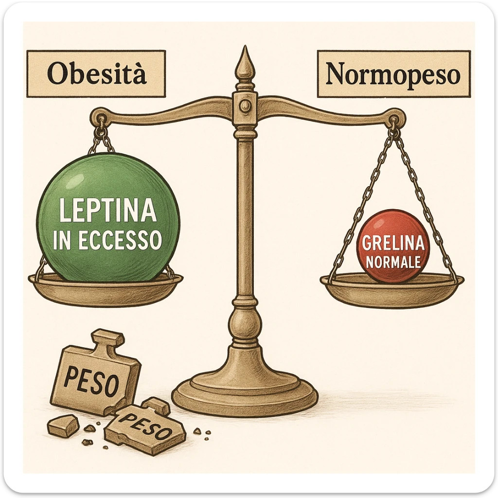 Diagramma endocrinologico in italiano: bilancia con leptina (verde) e grelina (rossa). Lato obeso: etichetta 'Obesità', leptina in eccesso, bilancia bloccata, pesi rotti con la scritta 'Peso' sparsi a terra. Lato normopeso: etichetta 'Normopeso', equilibrio perfetto, grelina normale. Tutte le scritte interne sono in italiano. Illustrazione clinica, chiara, dettagliata, 4K. Style: endocrinologico, medical illustration, clear and detailed. sticker
