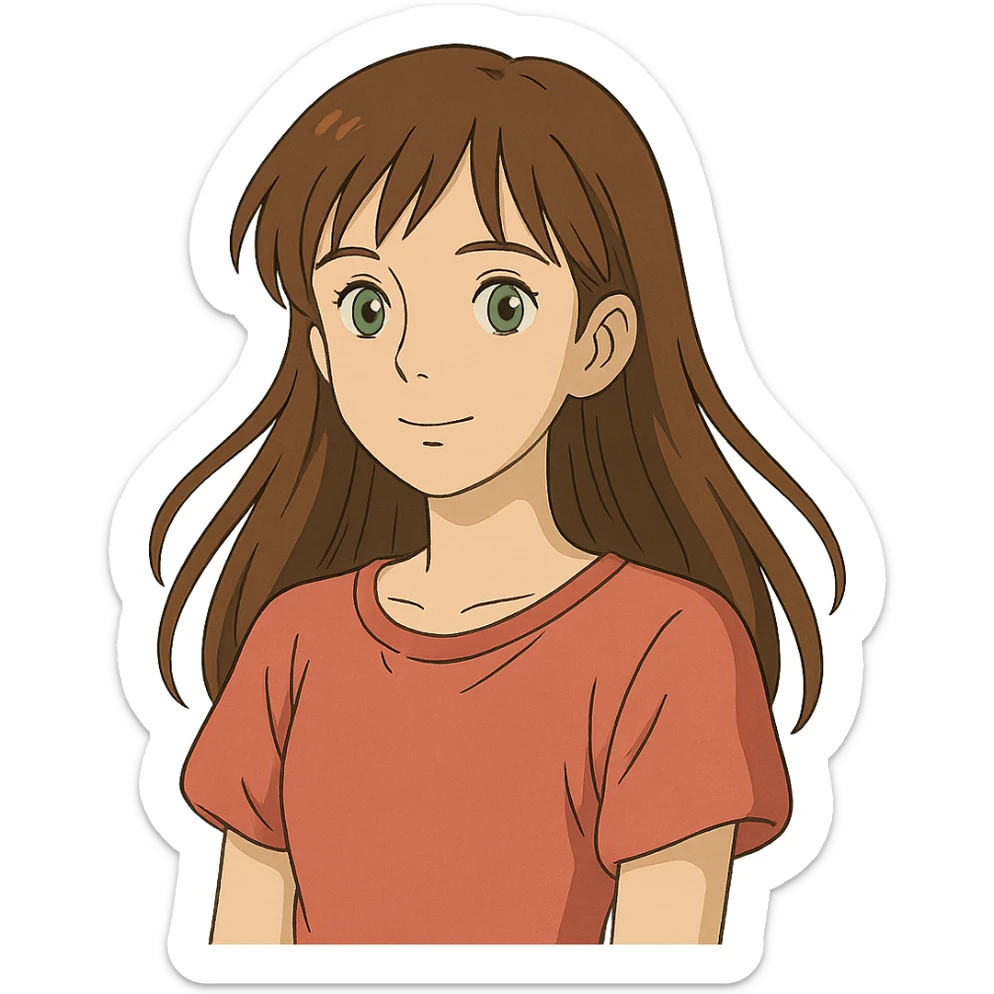 ghibli style illustration of a 17-year-old girl with green eyes, light skin, and long brown hair sticker