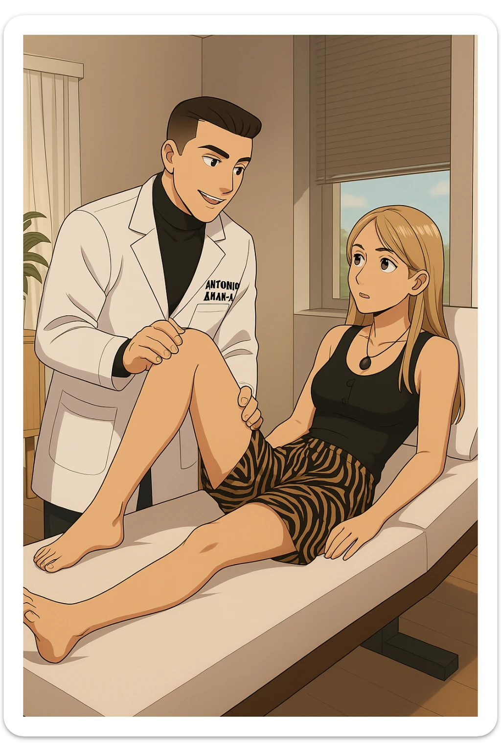 fai un webtoon/manga a colori con questo kinesiologo in camice bianco (fagli la scritta "ANTONIO ANANIA" SUL CAMICE) CHE SVOLGE UN TEST NEUROMUSCOLARE SOLLEVANDO UNA GAMBA ALLA RAGAZZA CHE è STESA SU UN LETTINO BIANCO. STANZA SEMPLICE E MODERNA, DURANTE IL TEST I DUE DIALOGANO TRA LORO. NON FARE I FUMETTI, FAI SOLO LORO COME SE DIALOGASSERO sticker
