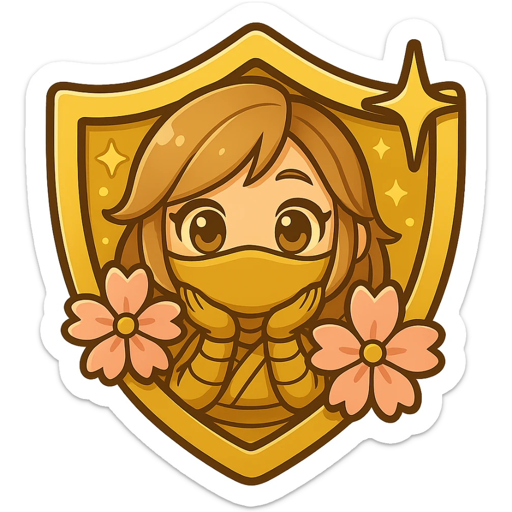 Change the badge color to gold for the Gold rank, keeping the same design of a chibi ninja girl with sakura flowers and sparkly effects, maintaining the badge shape. The image should have a transparent background and be sized for Twitch or Discord use. sticker