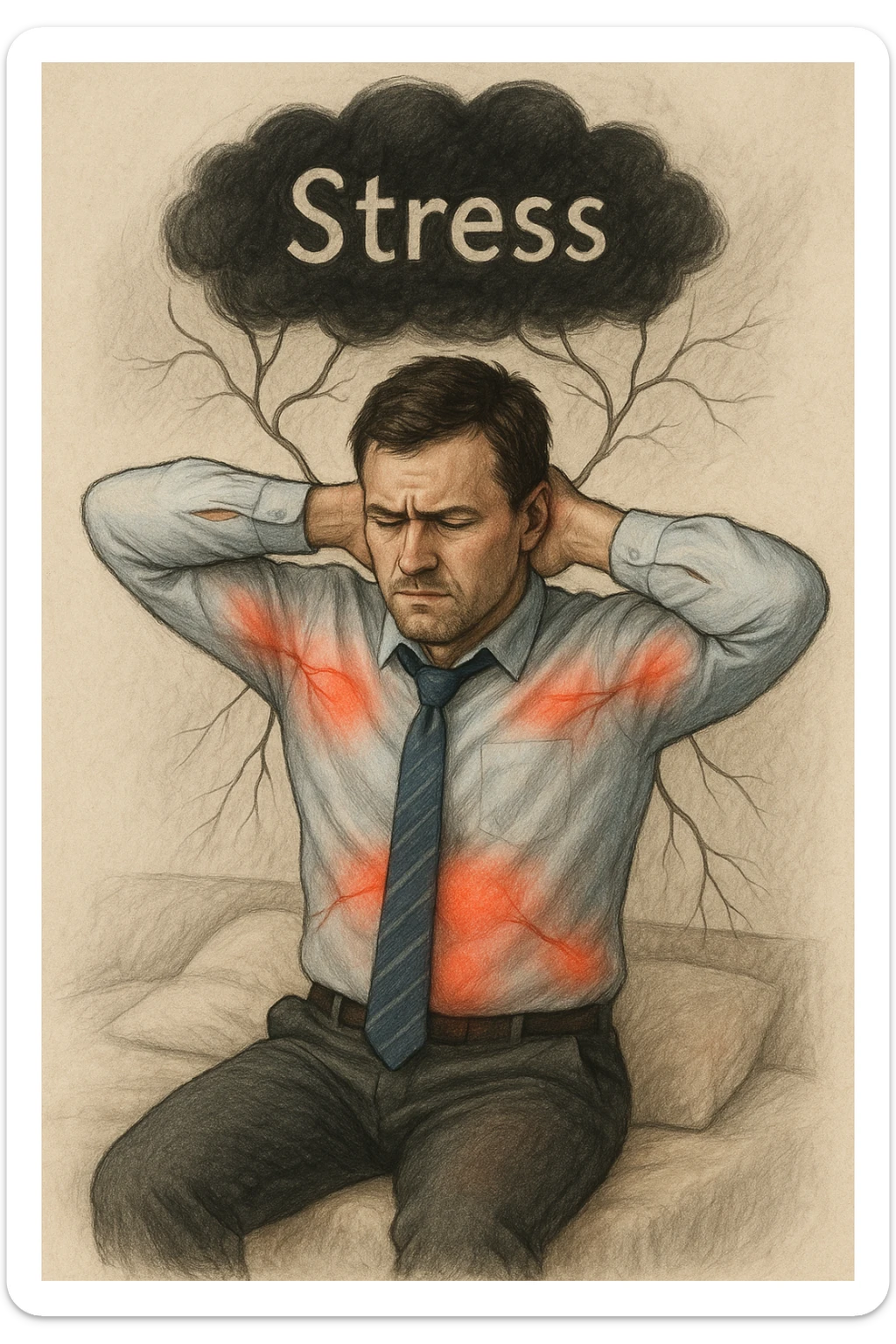 Uomo tra i 30 e i 40 anni in abiti da ufficio, seduto su una sedia o sul letto, con mani sul collo o sulla testa, visibilmente stressato. Attorno al corpo si vedono aree evidenziate di dolore (spalle, stomaco, schiena) rappresentate da leggere sfumature rosse o pulsanti. Sopra la sua testa, una nuvola scura con la parola 'Stress' scritta dentro, collegata al corpo con fili o nervi tesi. L'espressione dell’uomo è di frustrazione ma anche convinzione: crede che sia solo lo stress. Stile realistico con accenti simbolici psicofisici sticker