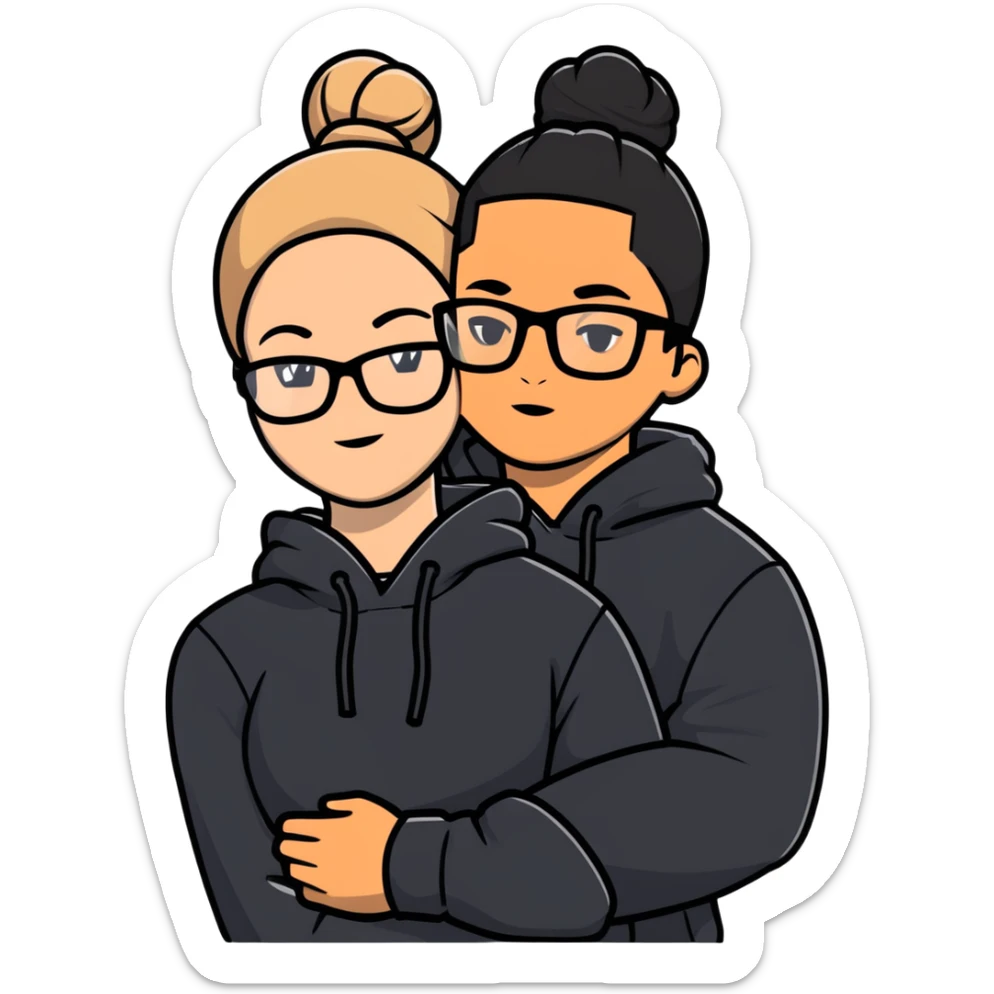 hispanic man with black hair hugging a light-skinned woman in a black Nike hoodie, woman has one bun in the back and thin black glasses sticker