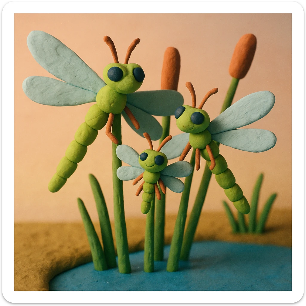 claymation style dragonfly family resting on reeds by a pond, parents and baby dragonflies, pastel background sticker