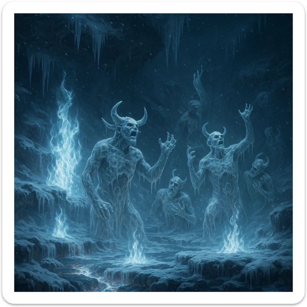 a dramatic scene of hell freezing over, with icy flames, frozen demons, and snow-covered lava, highly detailed, atmospheric sticker