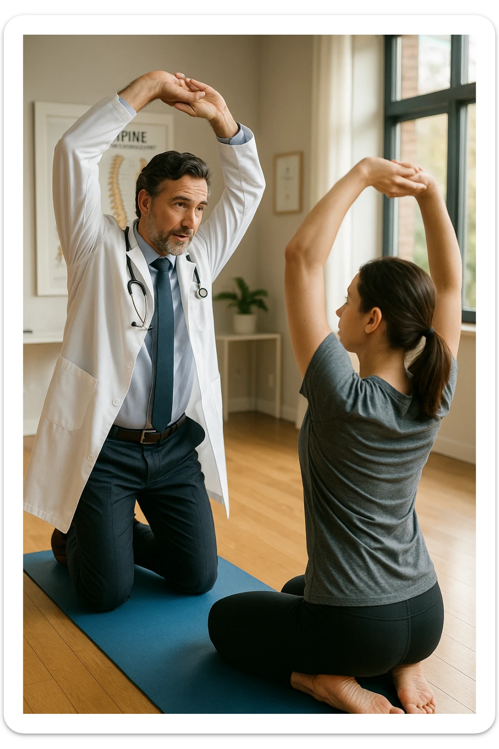 A realistic, cinematic illustration of a professional doctor in a white coat inside a bright, modern medical office, demonstrating a simple stretching exercise to a patient for improving posture. The doctor, calm and encouraging, shows a gentle spinal extension stretch while explaining its benefits for posture and spinal health, with an anatomical poster of the spine and posture alignment in the background. The scene includes a yoga mat, clean wooden floors, and natural light streaming through large windows, creating a warm, health-focused atmosphere. The patient, in comfortable activewear, watches and mirrors the stretch, emphasizing the preventive and therapeutic role of stretching for posture correction under medical guidanc sticker