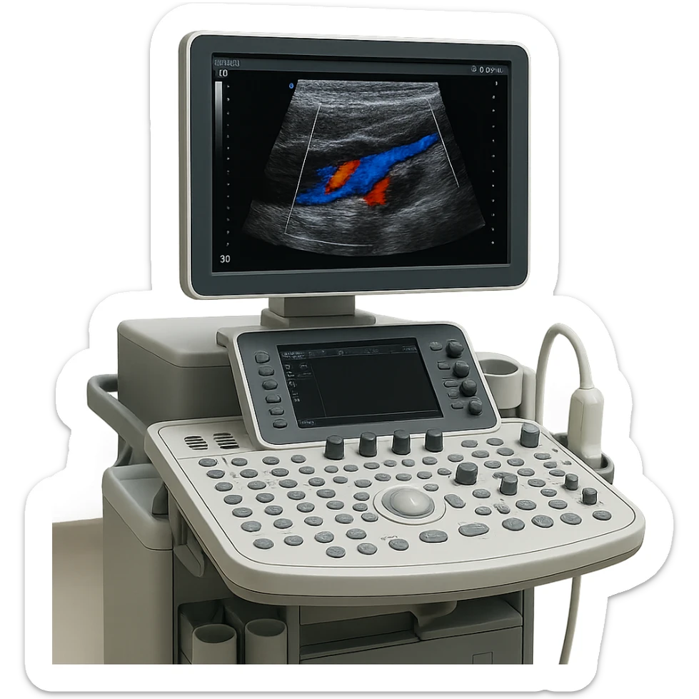 ultrasound machine showing color doppler scan, hospital setting, detailed controls sticker