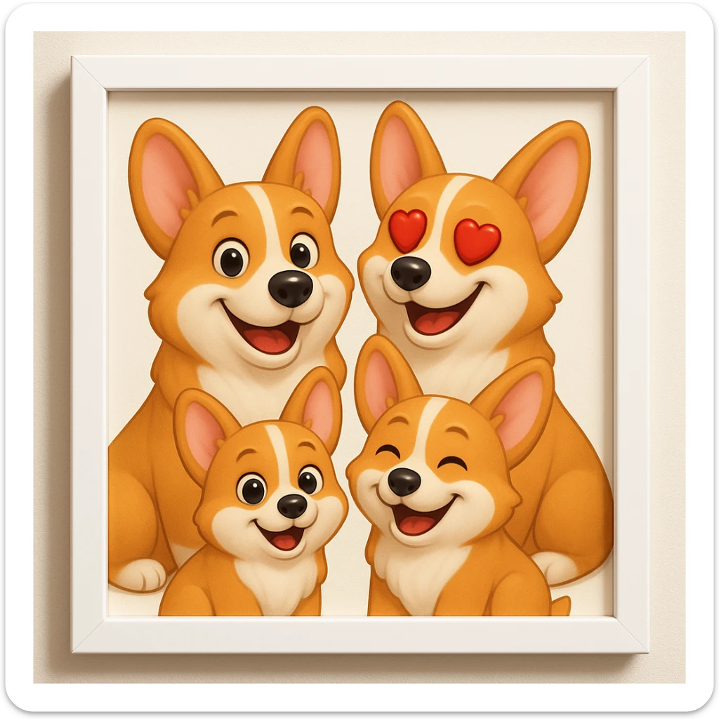Make the lines and style of the corgi family photo match the 3D emoji look and line quality of the reference image, with smooth, soft shading and a playful, expressive feel. Keep the family photo in a modern white frame. The style should resemble the 3D emoji style with smooth and soft shading, playful and expressive. sticker