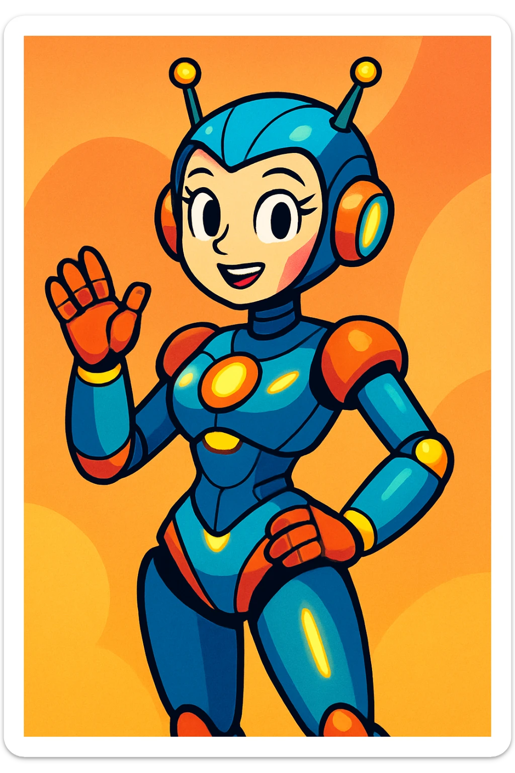female robot, vibrant toon style, colorful, expressive face, futuristic details sticker