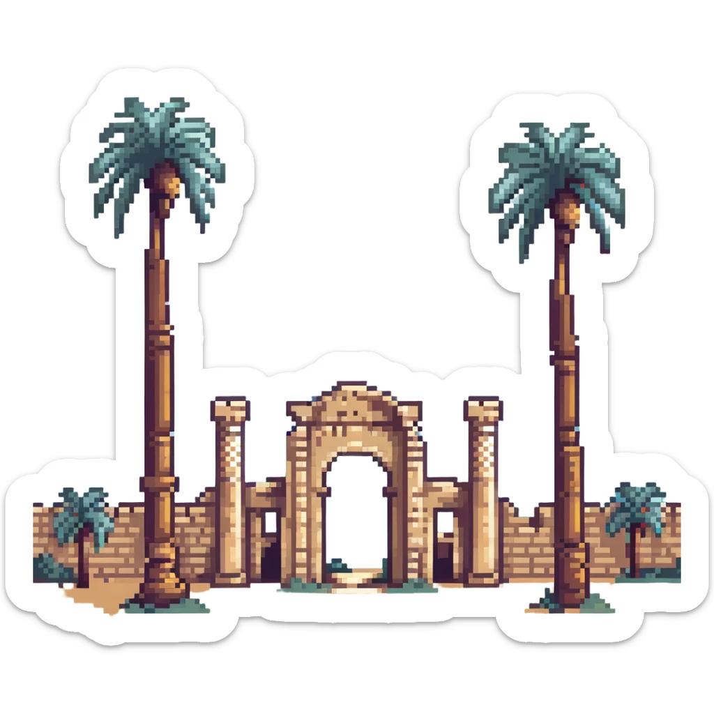 pixel art of the ancient ruins of Carthage with palm trees sticker
