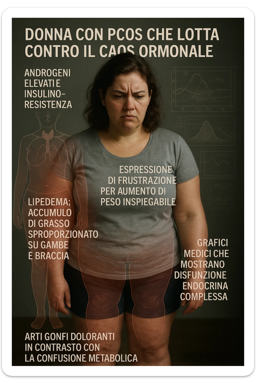 cinematic realistic Woman with PCOS struggling with hormonal chaos, transparent overlay showing elevated androgens and insulin resistance affecting her body, lipedema causing disproportionate fat accumulation in legs and arms despite normal torso, expression of frustration with unexplained weight gain, medical charts showing complex endocrine dysfunction, painful swollen limbs contrasting with metabolic confusion scrivi i testi in italiano sticker