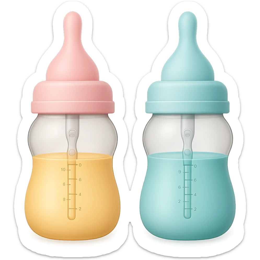 Adjust the shape of the two silicone baby bottle nipples to be more pointed and slim, keeping the wide base and soft, smooth, translucent look, with gentle curves, light pastel tones, and transparent background. sticker