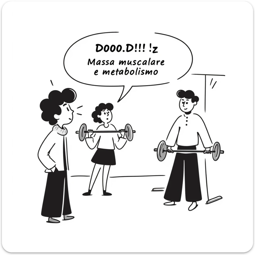 Uomo in palestra che osserva altri uomini più muscolosi, espressione di invidia o frustrazione, testo in italiano: “Massa muscolare e metabolismo”. sticker