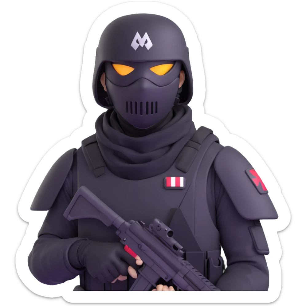 armed figure in all-black military clothing, shiesty mask, helmet, dramatic lighting sticker