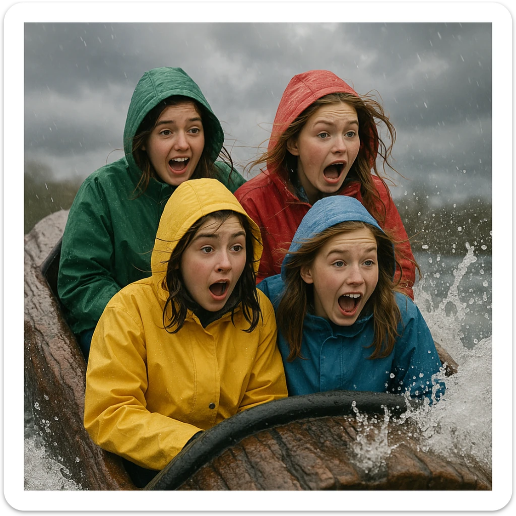 teen girls riding a log flume, bundled up in raincoats, cold and rainy weather, water splashing, expressions of surprise and excitement, overcast sky sticker