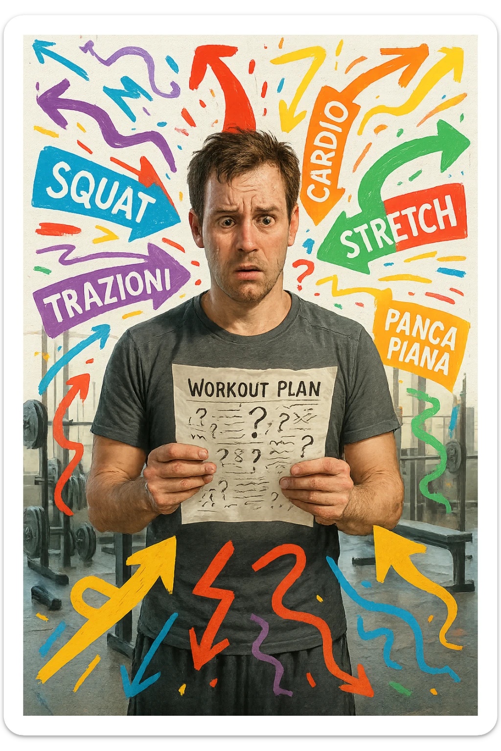 a person stands in the center of a gym, surrounded by arrows pointing in all directions, each labeled with a different exercise (e.g., “squat,” “Salti,” “stretch,” “Panca Piana”). The person looks bewildered, holding a workout plan with scribbles and question marks. The scene is colorful but visually messy, symbolizing confusion. in italiano immagine iperrealistica sticker