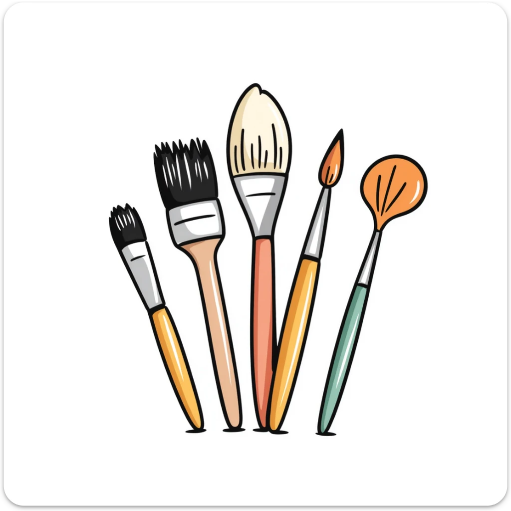 A set of artist paintbrushes in different sizes and shapes with wooden handles in pastel colors (dd9fb0, ffc6d3, a3bfc9, c4bee2, f1b091), hand-drawn doodle style sticker