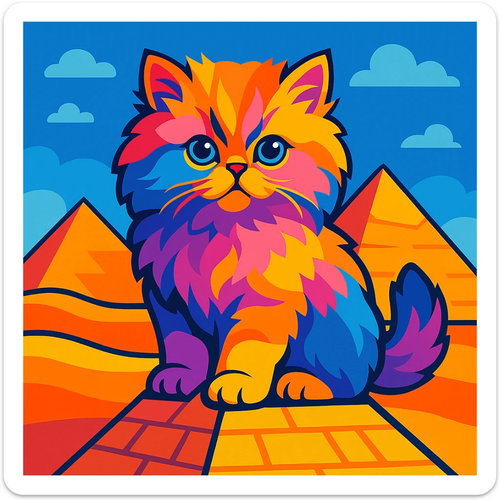 a colorful illustration of a Persian kitten sitting on an Egyptian pyramid sticker
