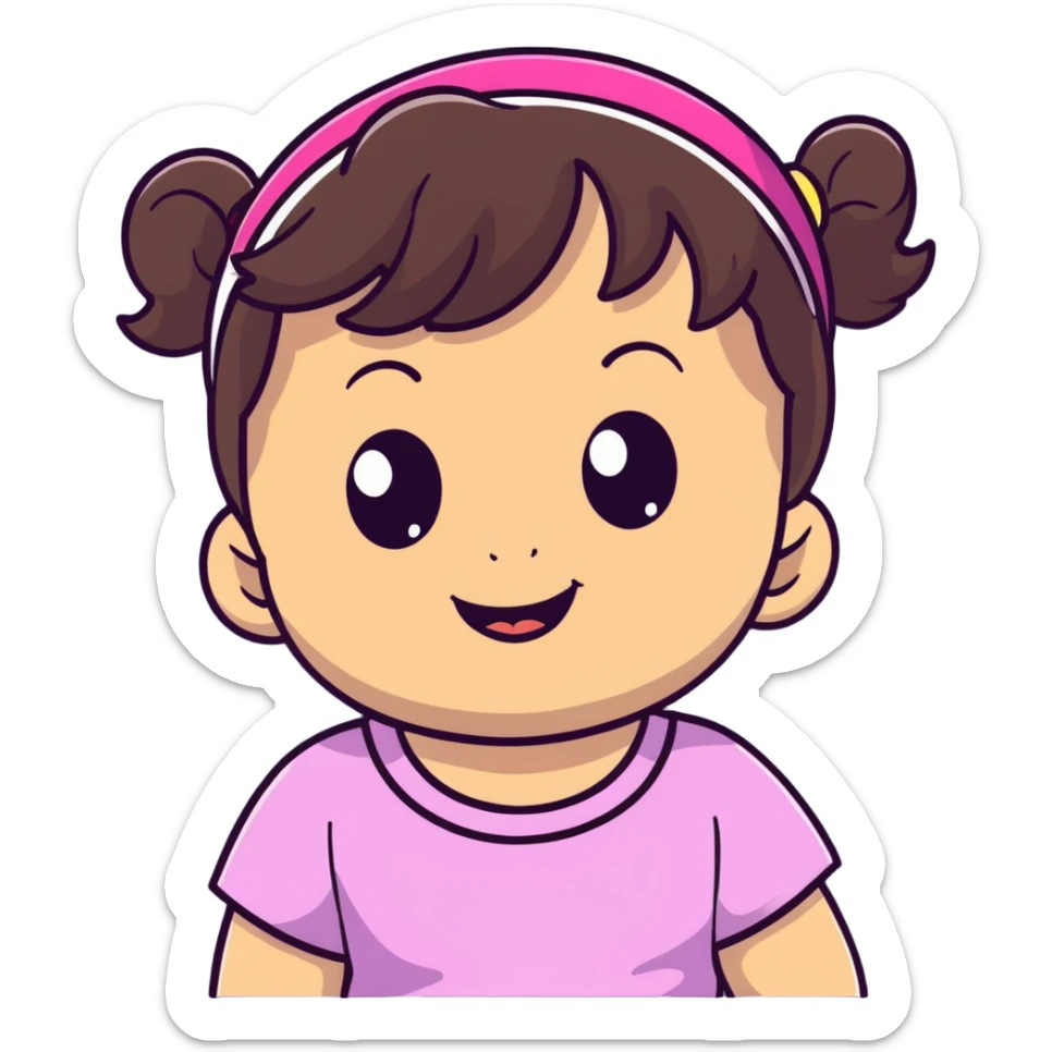 smiling toddler face with big eyes, medium skin tone, dark wavy hair, and a hair band sticker