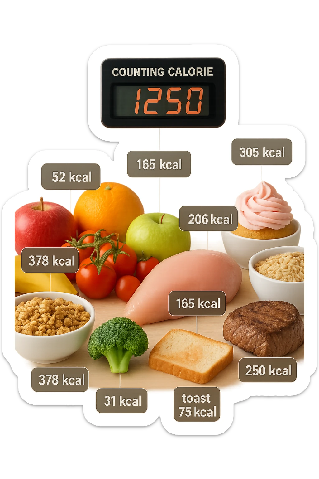 a digital calorie counter hovers above a variety of foods arranged on a table—fruits, vegetables, grains, meats, and desserts. Each food has a floating label showing its calorie content. The background is clean and modern, emphasizing the educational aspect of calorie awareness. scritto in italiano sticker