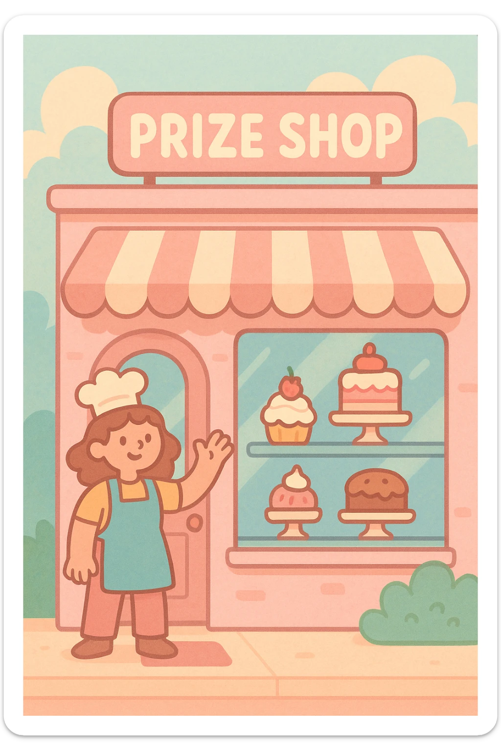 pastel pink bakery with a striped awning, cakes in the window, and a sign above that says 'Prize Shop', soft and dreamy pastel tones, friendly vibe sticker