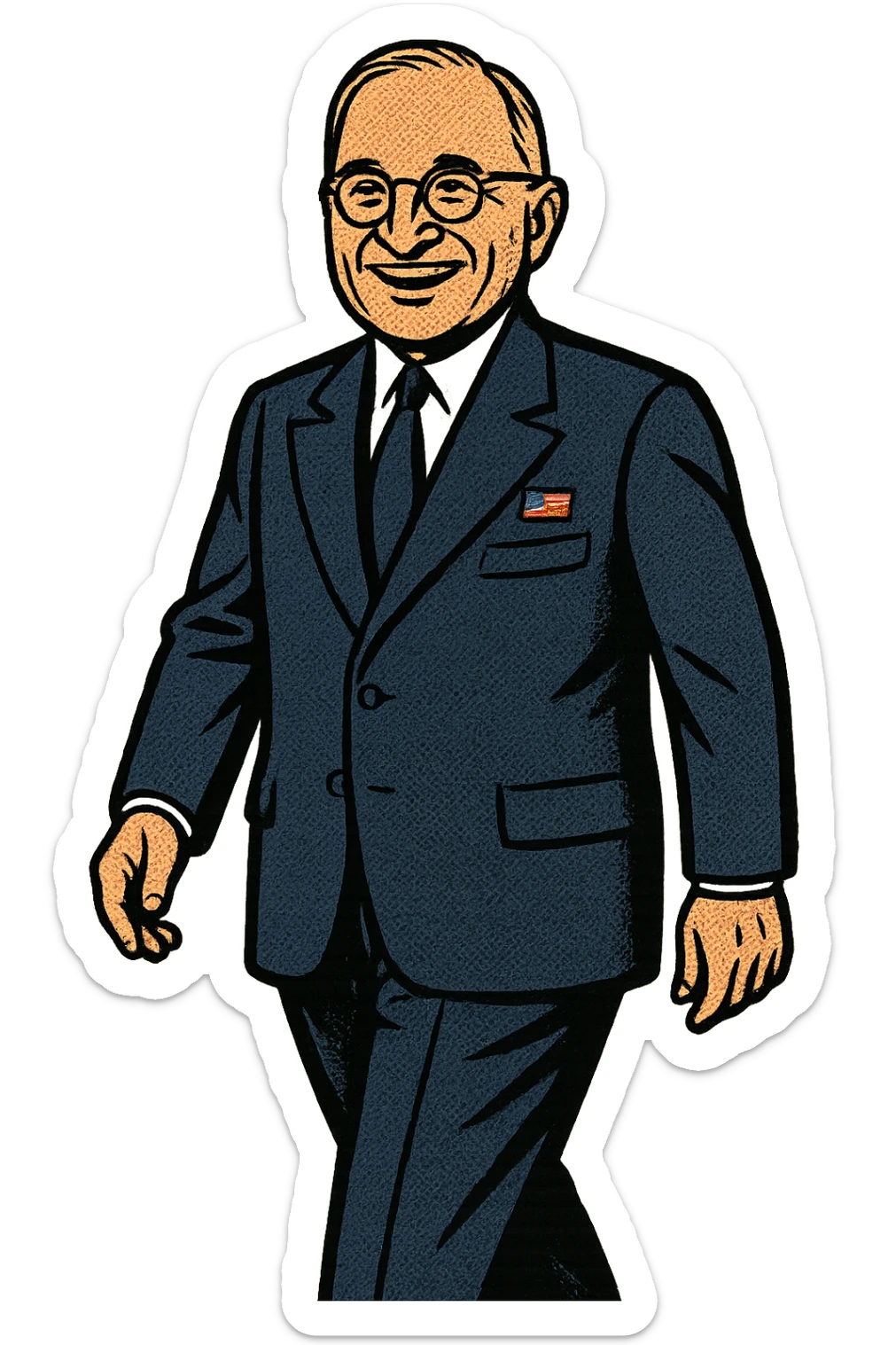 A full body image of a leader who looks like President Truman who is smiling, wearing a blue suit with an American Flag badge sticker