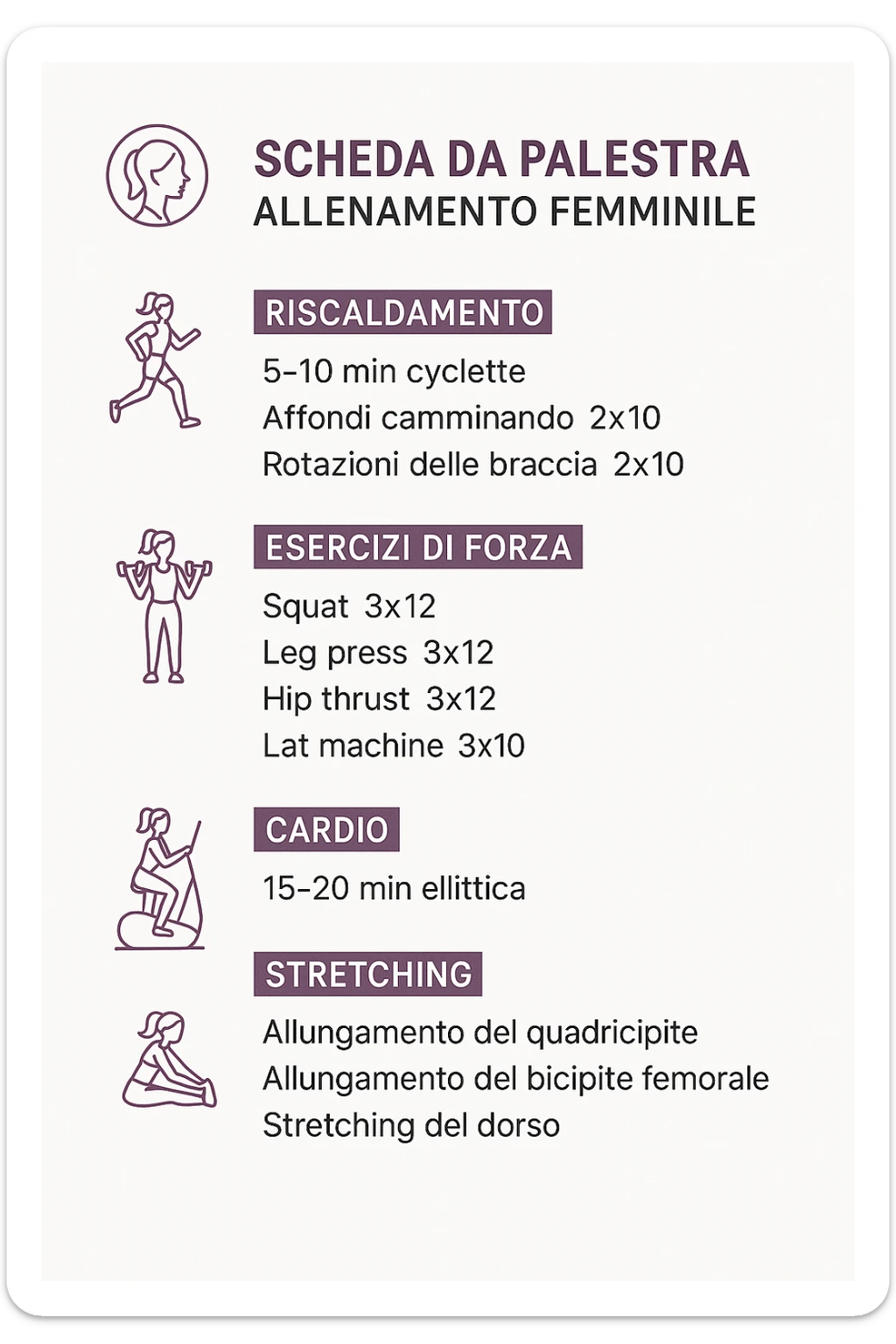 Scheda da palestra su sfondo bianco in italiano specifica per allenamento al femminile sticker