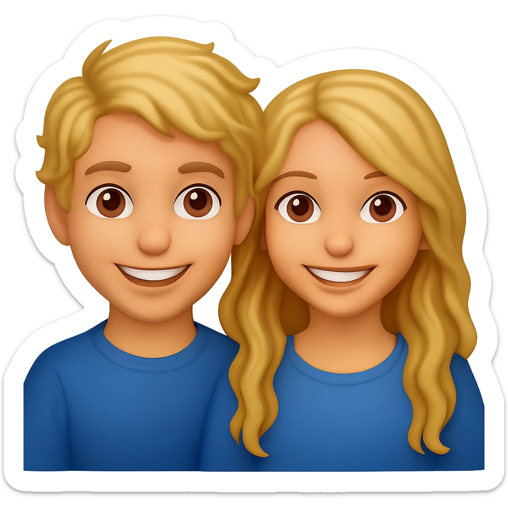 Blonde boy and blonde girl with long wavy hair, emoji style, medium skin tone, with no background sticker
