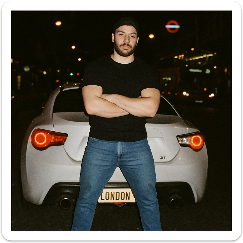 Grunge-style analog photo, London 2025, person inspired by the new reference image in model pose in front of a Nissan GT 86, black t-shirt, jeans, Nike Air Jordan low, using flash, analog grain, city night, 1/8. sticker