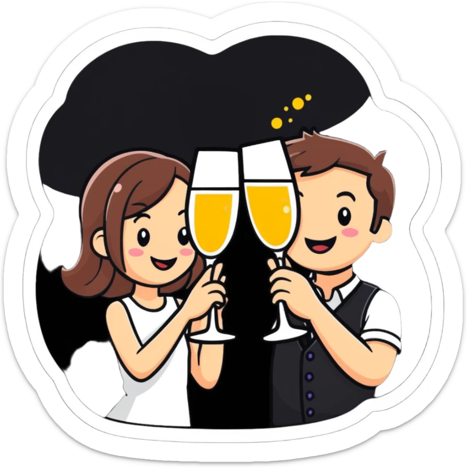 man and girl clinking sparkling wine glasses, cheerful, cartoon sticker style sticker
