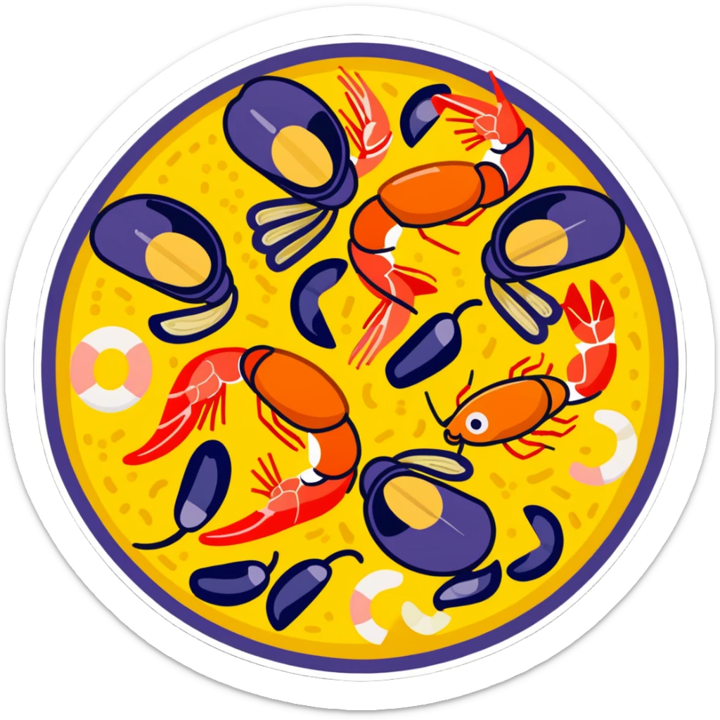 delicious seafood paella with prawns, mussels, and yellow rice in a traditional paella pan sticker