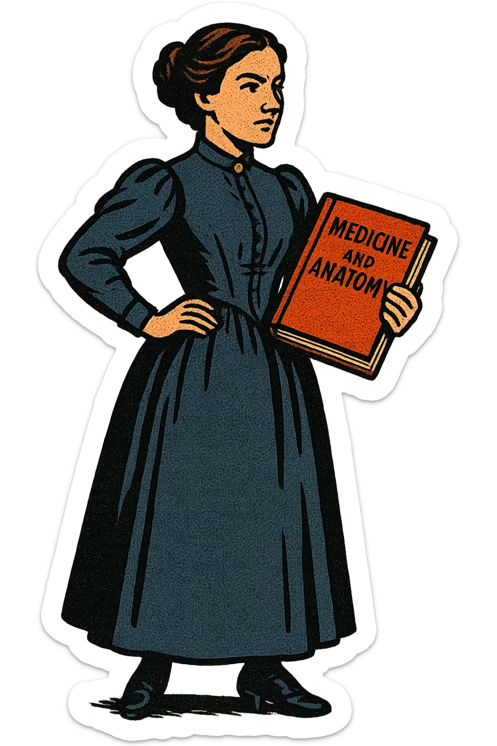 The full body of a victorian lady like Elizabeth Garrett Anderson holding a book about Medicine and Anatomy sticker